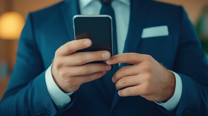 A businessman focuses on his smartphone in a sleek office, with the background blurred for a professional touch.