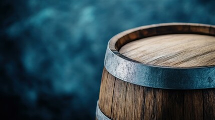 Explore the beauty of an aged wooden barrel, rich in texture, nestled in a quaint wine cellar with a soft, blurred backdrop.