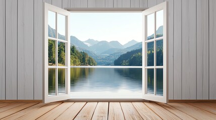 A scenic view from an open window showcasing mountains and a serene lake, with wooden flooring and a clear sky. © ธนากร บัวพรหม