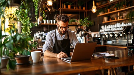Fototapeta premium A focused barista working on a laptop in a cozy cafe with plants and coffee equipment.