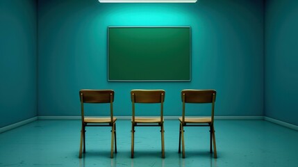 A spacious classroom features wooden desks and chairs aligned towards a large green chalkboard, illuminated by ceiling lights.
