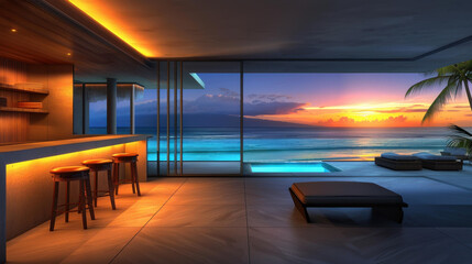 A sleek apartment boasting a stylish bar, spacious open kitchen, and chic dining space for modern living.