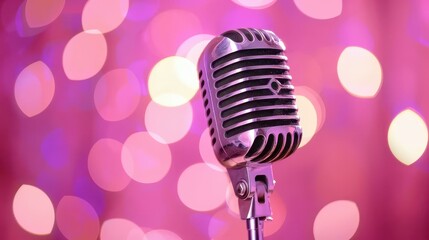 A vintage microphone with rich texture shines against a colorful bokeh, capturing the essence of music and broadcast artistry.