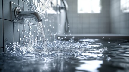 Bathroom with a malfunctioning faucet, water pouring from the broken sink onto the floor, filling up the space, tiles glistening with water.