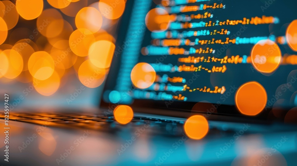 Poster a crisp closeup of computer code showcased on a monitor, with a soft pastel bokeh that enhances the 