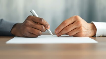 A detailed view of hands expertly signing a document, symbolizing commitment on a rustic wooden table surface.