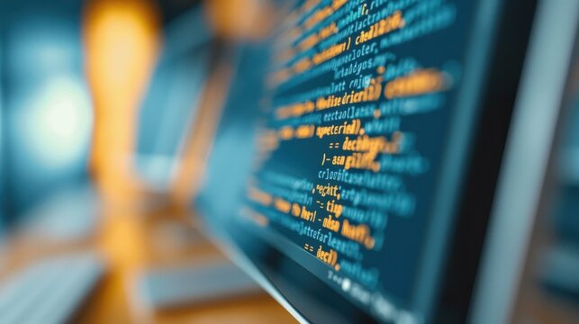 A closeup of code highlights data security, showcasing software development through intricate digital blue overlays.
