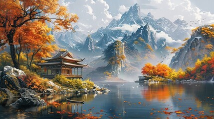 Beautiful Autumn Scenery on the Lake - a captivating and serene visual. The beautiful autumn hues and reflections on the calm lake create a charming and peaceful scene.