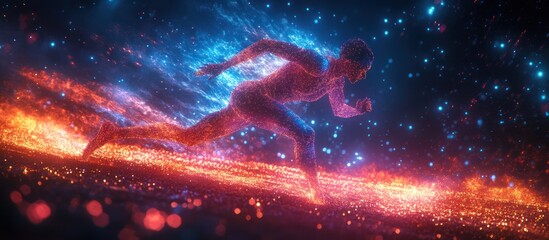Abstract running man figure made of glowing particles running on a fiery trail, with a blue glowing trail behind him, set against a dark starry sky.
