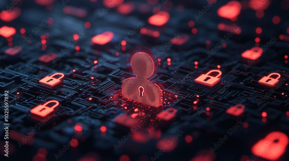 Poster create a high-angle view featuring an abstract holographic figure with glowing lock symbols, data st