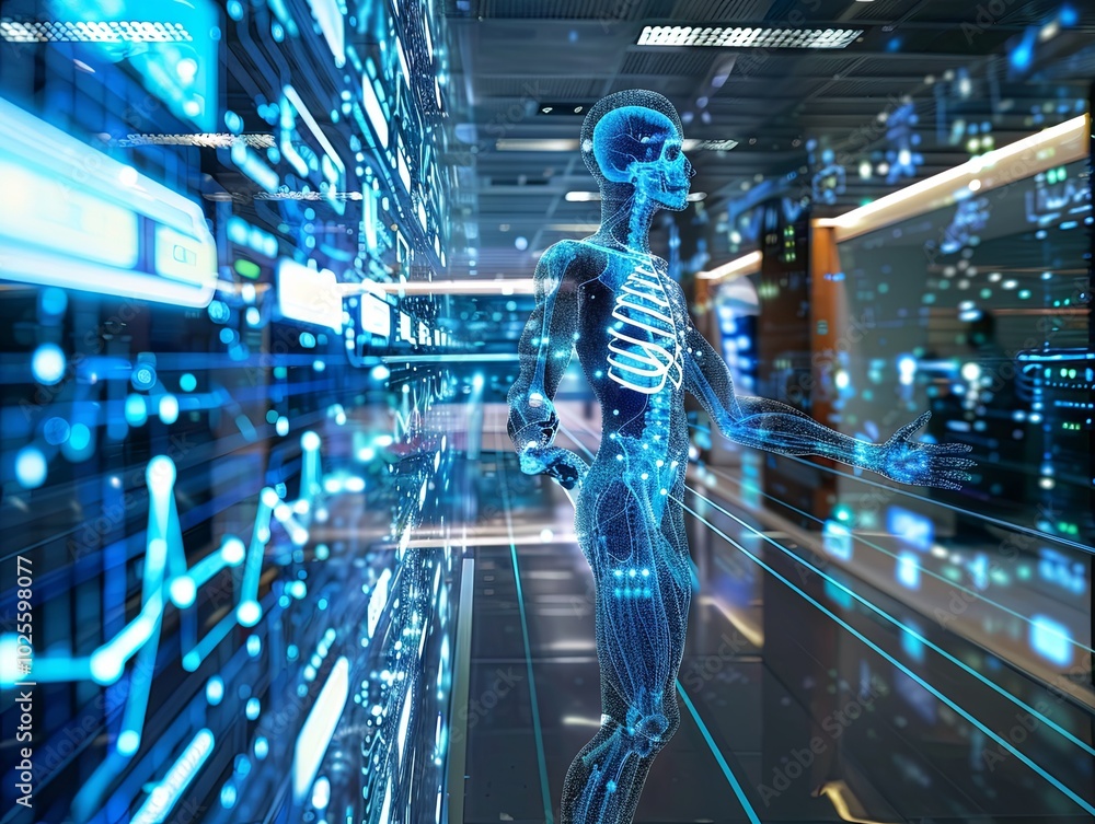 Poster digital skeleton figure interacting with a futuristic interface