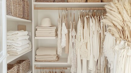 A modern and minimalist walk-in closet with built-in wooden shelves in an Ibizan villa embodies the effortless elegance of Mediterranean design.