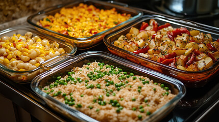 Vibrant Dish Featuring Roasted Potatoes Glazed with Teriyaki Sauce, Sweet Corn, Green Peas, Brown Rice with Harissa Sauce