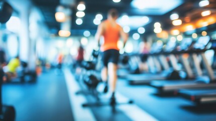 Fototapeta premium Fitness center with blurred activity in the background, people lifting weights and using cardio machines, highlighting the dedication to fitness.