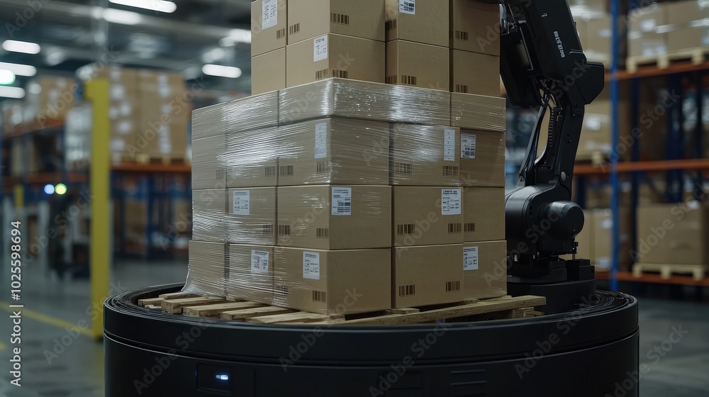 Poster automated warehouse robot stacking boxes on pallet logistics technology efficiency mod