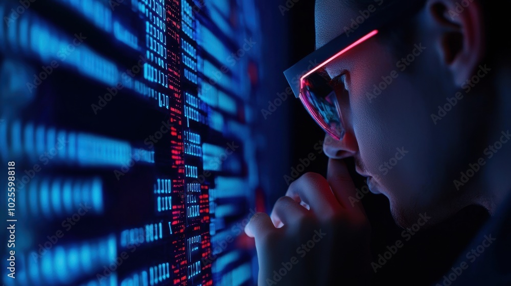 Poster craft an illustration of ai-driven cybersecurity analysis, compounding glowing algorithms pinpointin