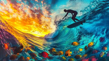 Naklejka premium Fluid silhouette of a surfer riding a wave, double exposed with a school of colorful tropical fish, early morning light