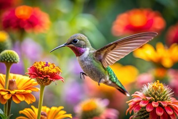 Fototapeta premium Hummingbird Interacting with Bees in a Colorful Garden Setting Under Bright Natural Light
