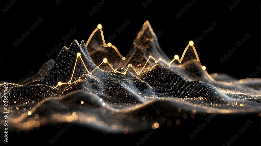 Aufkleber abstract data visualization with golden lines and peaks on black background