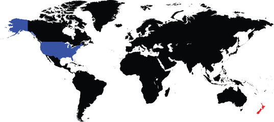 New Zealand and United States maps on a global map vector