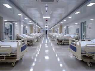 Fototapeta premium Hospital Corridor with Rows of Empty Beds