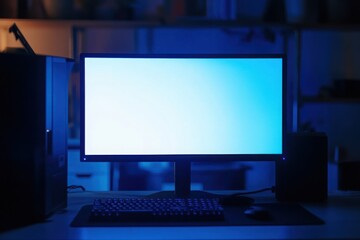 Blank computer screen in a dark room, with copy space