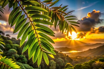 Fototapeta premium Immature Lancewood Tree Leaves Hanging in New Zealand Rainforest Under a Beautiful Sunset Sky