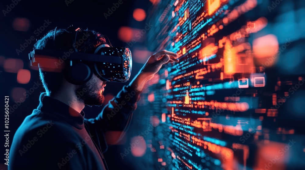 Poster illustrate a vr hacker environment; person in vr glasses typing, with code and floating security fir