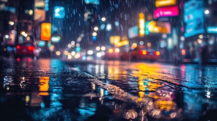 Fototapeta premium Light rain falls over a city street at night, with reflections of neon signs and streetlights shimmering on the wet pavement.