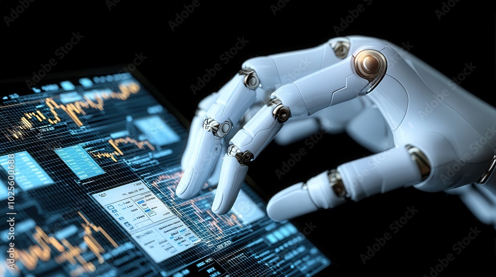 Poster robotic hand analyzing financial data automating trading on digital screen