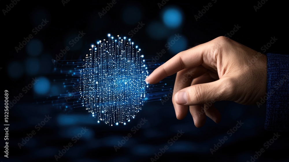 Poster hand interacting with abstract digital sphere technology innovation network data