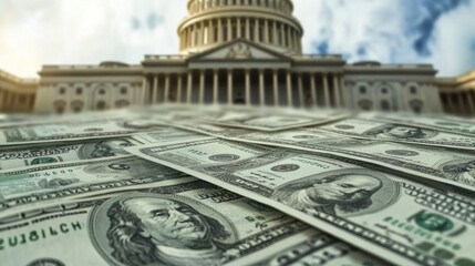 Fototapeta premium A close-up of cash in front of a government building, symbolizing finance and politics.