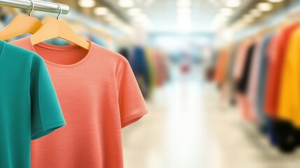 Two Blank TShirts Hanging on Wooden Hangers in a Clothing Store
