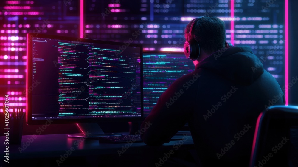 Poster craft an illustration of ai-driven cybersecurity analysis, compounding glowing algorithms pinpointin