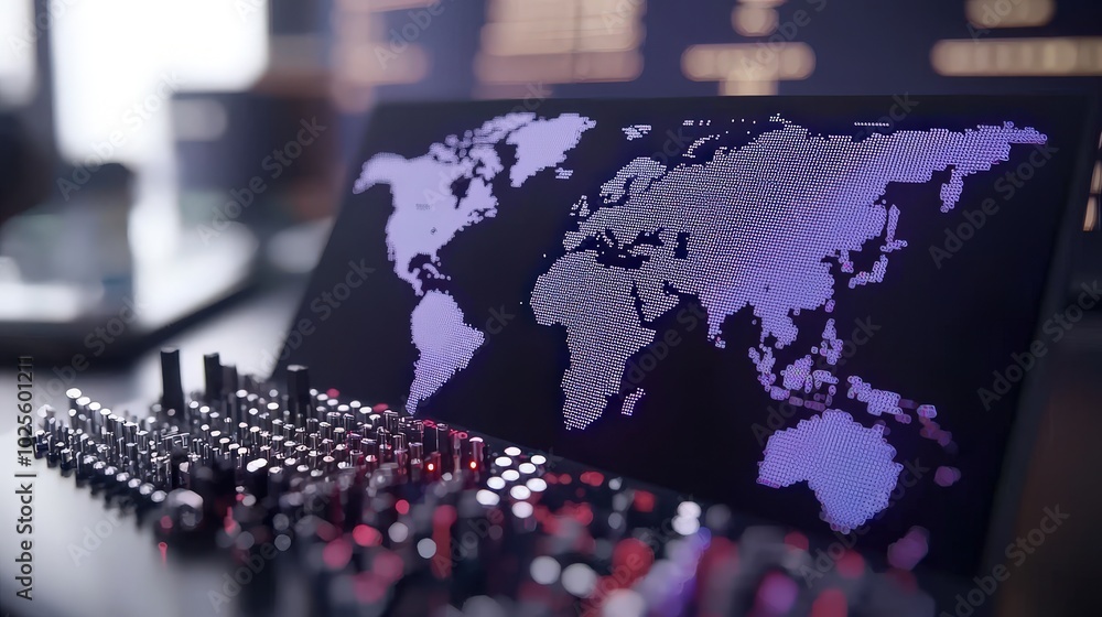 Poster global network connectivity world map on digital screen with circuit board