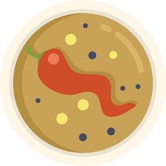 Steaming bowl of delicious soup is topped with a red chili pepper and black peppercorns