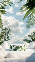 Obraz premium 3d background product display podium scene with leaf geometric platform,cloud and sky, palm shadows and white stone podium,Mockup for eco beauty cosmetic advertising,Copy space.