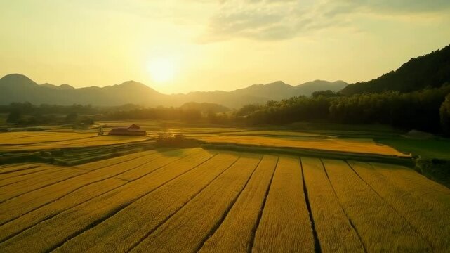 A stunning aerial view over golden rice fields ready for harvest, showcasing the intricate geometric patterns formed by the rows of crops.