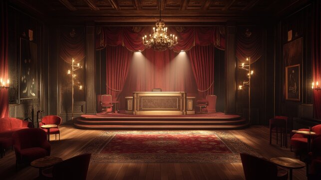 Soft, warm spotlight on an elegant stage with dramatic shadows, emphasizing an intimate mood in a setup ideal for a refined, cozy performance.