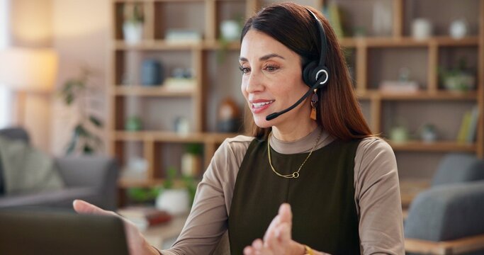 Customer service, remote work or happy woman in call center for consulting, loan questions or online advice. Telecom, consultant or agent with microphone for telemarketing and sales communication
