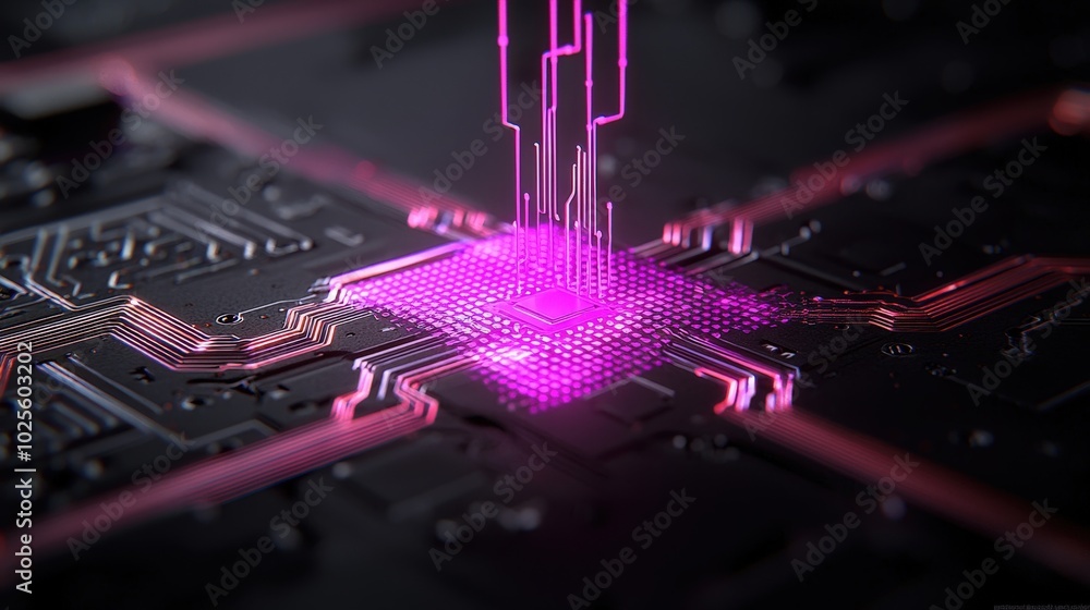 Poster glowing circuit board with microchip and pink lines