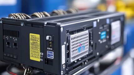 Naklejka premium Industrial Server Rack Closeup with Data Center Technology and Network Connections
