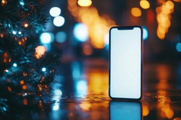 Blank smartphone screen reflecting surroundings light, with copy space