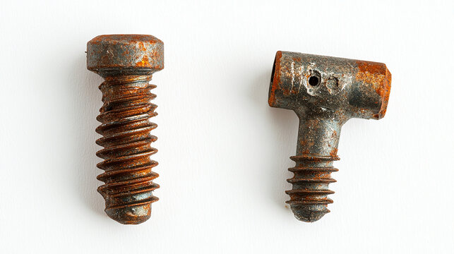 Broken bolt and damaged screw with rust on white surface
