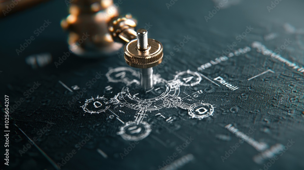 Poster closeup of metallic screw on blueprint with circular design