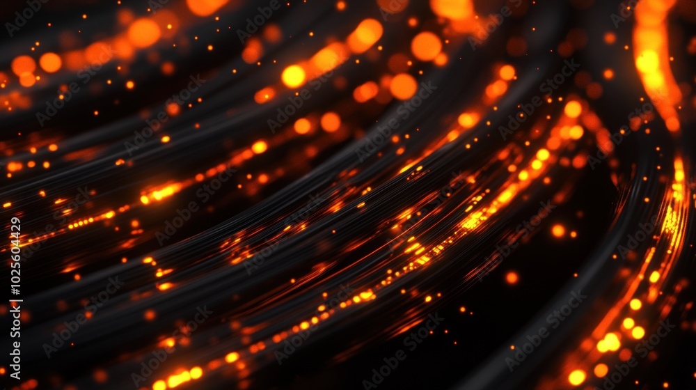 Poster abstract image of flowing lines with glowing orange particles against a dark background.