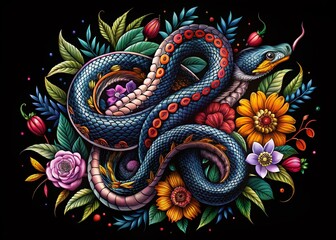 Obraz premium Intricate Snake Sketch Art for Nature Lovers, Wildlife Illustrations, and Tattoo Design Inspiration in Black and White