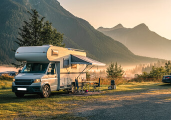 Scenic mountain campground with rv at sunrise - ideal for outdoor adventures and travel retreats