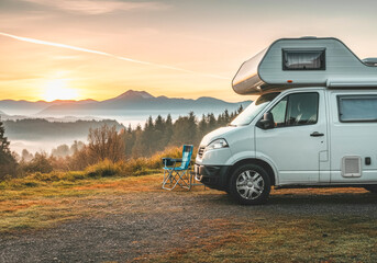 Tranquil mountain sunrise with camper van for adventurous road trips