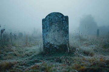 Blank tombstone in a foggy cemetery, with copy space